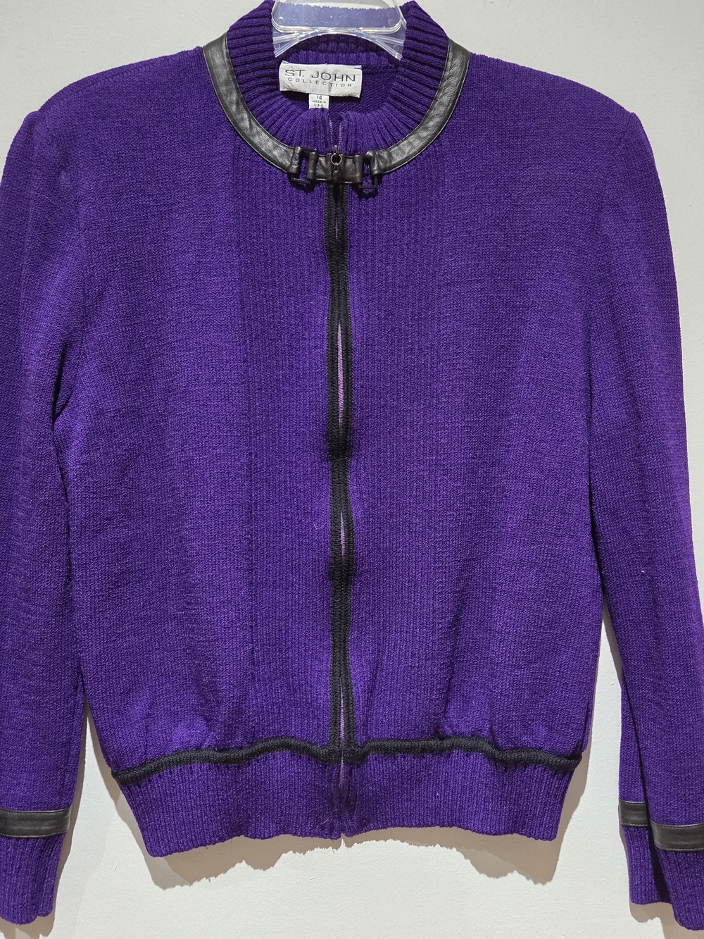 St. John Purple Zip-Front Knit Cardigan with Black Trim